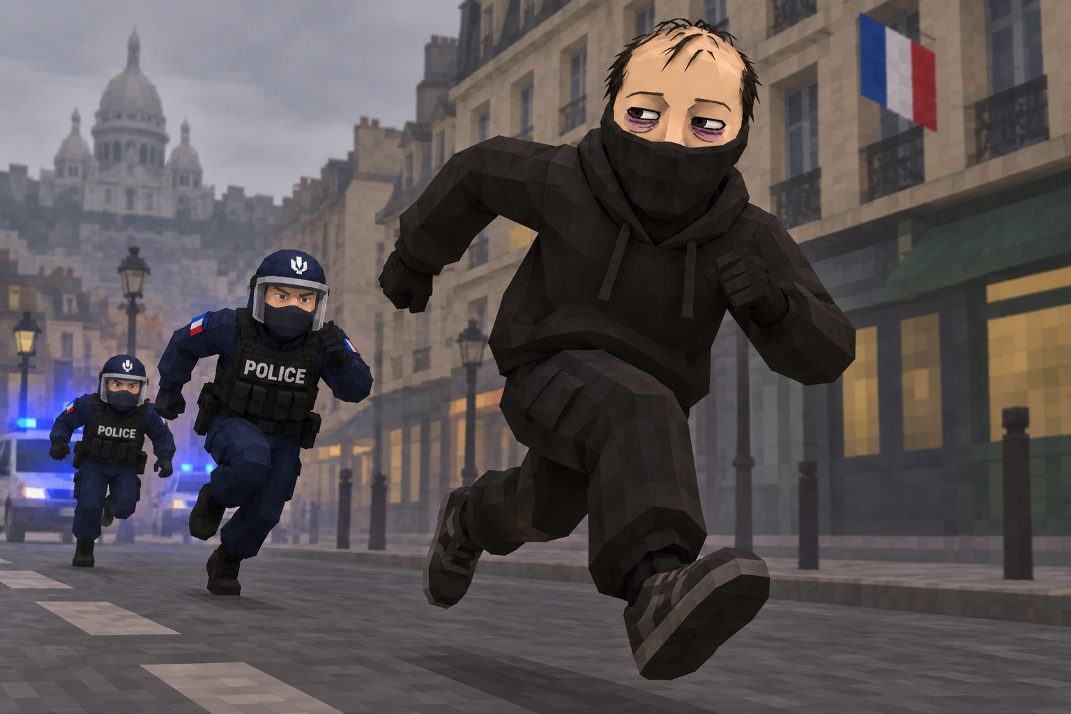 Riotard sprinting down a Parisian street with two riot police officers chasing him and Sacré-Cœur in the foggy distance.