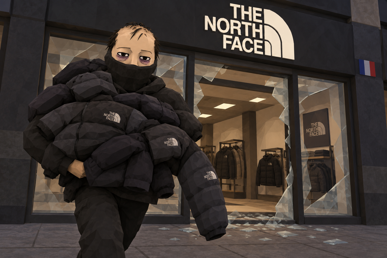 Riotard walking out of a smashed North Face storefront, arms overflowing with black puffer jackets, broken glass across the pavement.