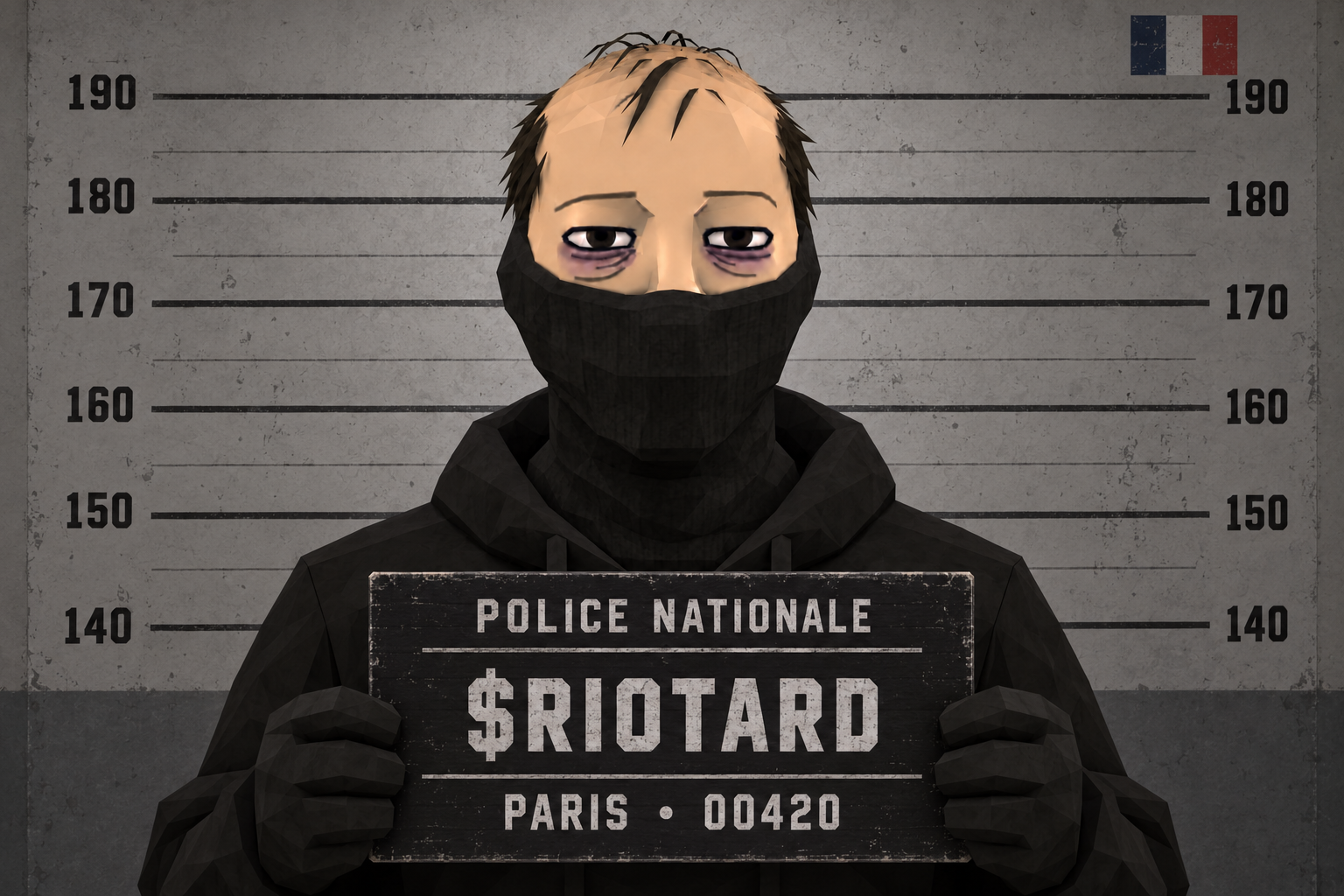 Riotard’s police mugshot in front of a height chart, holding a sign reading Police Nationale, $RIOTARD, Paris 00420.